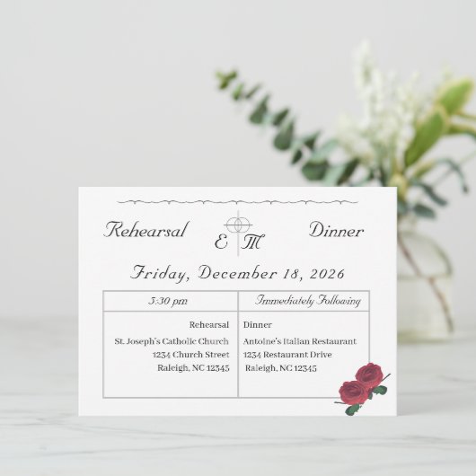 Schöne Rose Probe Abendessen Einladung (Stehend Vorderseite)