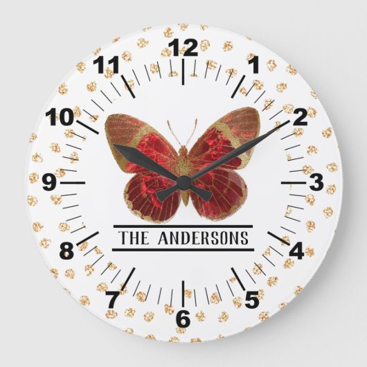 Schöne Rose Red & Gold Butterfly Große Wanduhr (Vorderseite)
