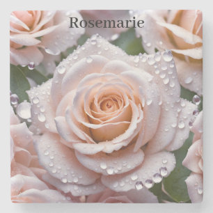 Schöne Rose & Regentropfen. Personalisierter Unter Steinuntersetzer