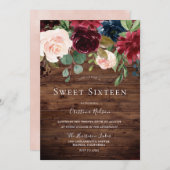 Schöne Rose Rustikales Burgund Sweet 16 Party Einladung (Vorne/Hinten)