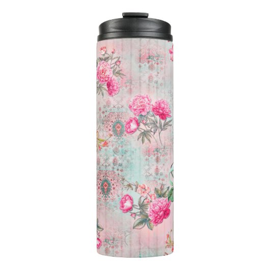 Schöne Rose über Vintage Papiertextur Thermosbecher (Vorderseite)