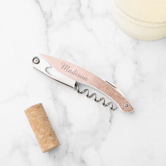 Schöne Roségoldene Stylische Monogramm Glitter Kellnermesser (Vorderseite)