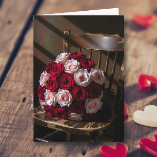 Schöne Rosen auf einem rustikalen Stuhl Valentin Karte