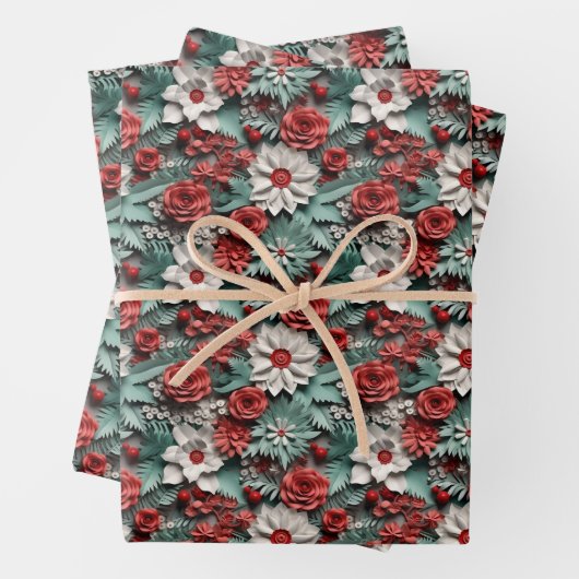 Schöne rot-weiß-grüne 3D Poinsettia Geschenkpapier Set (Beispiel)