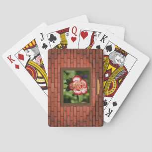 Schöne Rot-Weiß-Rose an einer Ziegelmauer Spielkarten