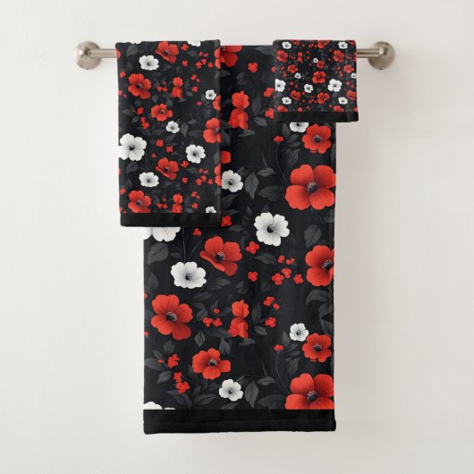 Schöne Rot-Weiß-Rose Schwarzer Hintergrund Badhandtuch Set (Insitu)