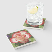 Schöne Rot-Weiß-Rose Steinuntersetzer (Seitenansicht)