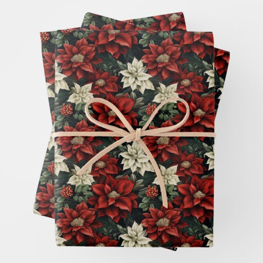 Schöne Rot Weiß und Grün Poinsettia Geschenkpapier Set (Beispiel)