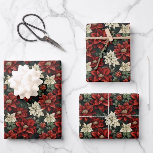 Schöne Rot Weiß und Grün Poinsettia Geschenkpapier Set (Vorderseite)