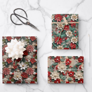 Schöne Rot Weiß und Grün Poinsettia Geschenkpapier Set