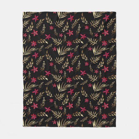 Schöne rote Blume goldfarbene Blätter schwarz el e Fleecedecke (Vorderseite)