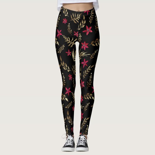 Schöne rote Blume goldfarbene Blätter schwarz el e Leggings (Vorderseite)