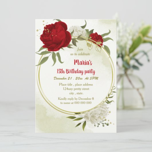 Schöne rote Blume Grün Blätter Geburtstag Einladung (Stehend Vorderseite)