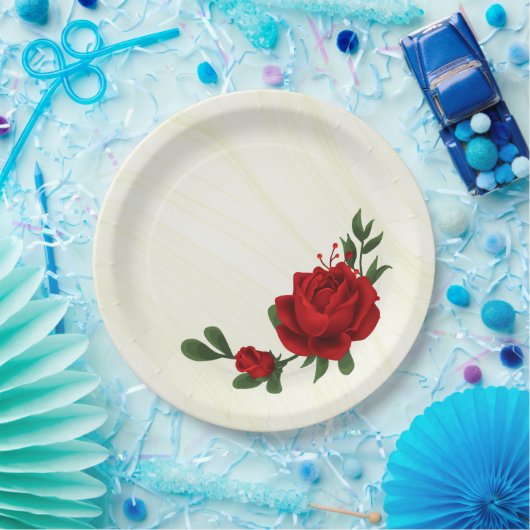 schöne rote Blume, grüne Blätter Pappteller (Party)