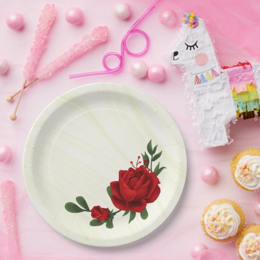 schöne rote Blume, grüne Blätter Pappteller (Party)