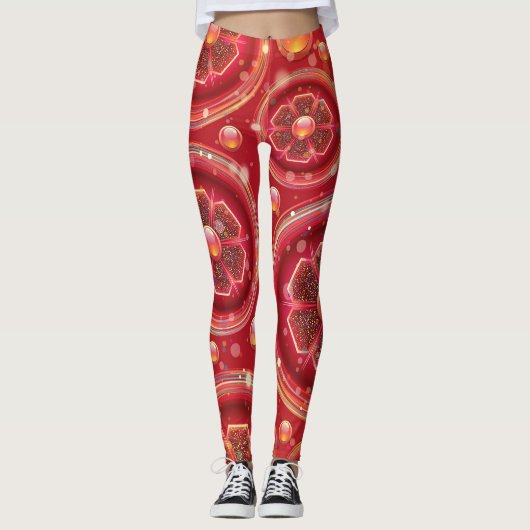 schöne rote Blume und Perlen Leggings (Vorderseite)