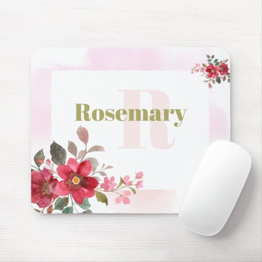 Schöne Rote Blüte mit rosa Border Monogramm Mousepad (Mit Mouse)