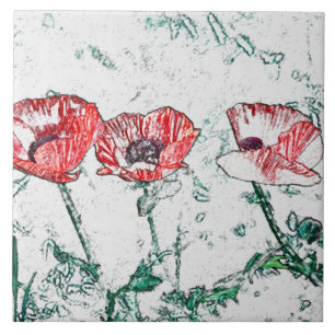 Schöne Rote Drei-Poppy-Blume Sketch Fliese