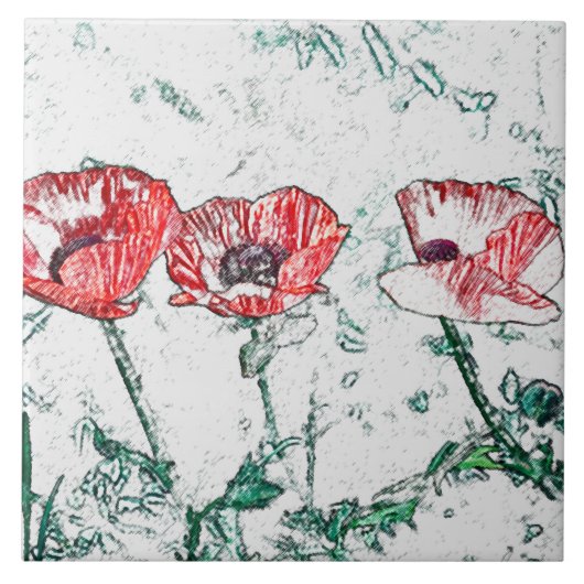 Schöne Rote Drei-Poppy-Blume Sketch Fliese (Vorderseite)