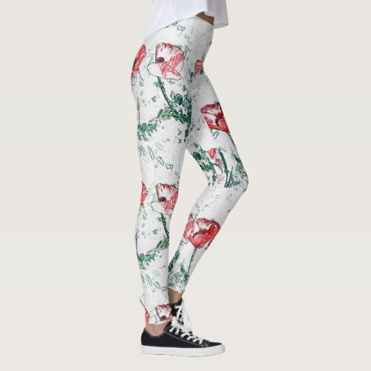 Schöne Rote Drei-Poppy-Blume Sketch Leggings (Rechts)
