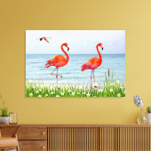 Schöne Rote Flamingos bei Weiße Blume Leinwand (Insitu (Wohnzimmer))