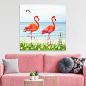 Schöne Rote Flamingos in der Nähe der weißen Blume Leinwanddruck (Insitu (Wohnzimmer))