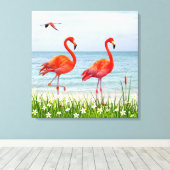 Schöne Rote Flamingos in der Nähe der weißen Blume Leinwanddruck (Insitu (Holzboden))