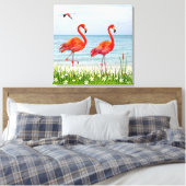 Schöne Rote Flamingos in der Nähe der weißen Blume Leinwanddruck (Insitu (Schlafzimmer))