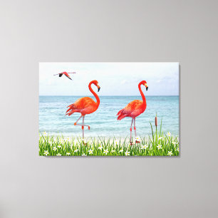Schöne rote Flamingos neben weißen Blumen Leinwand