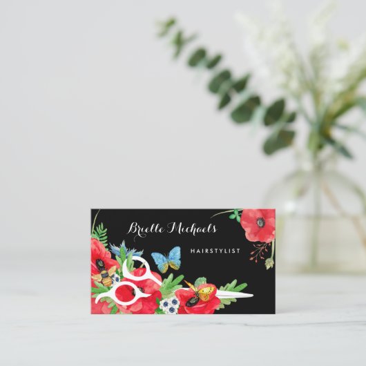 Schöne Rote Mohnblume mit Schere Visitenkarte (Stehend Vorderseite)