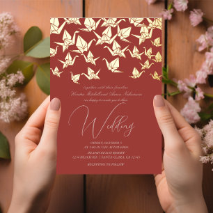 Schöne rote Origami-Papierkranich-Hochzeit Folieneinladung