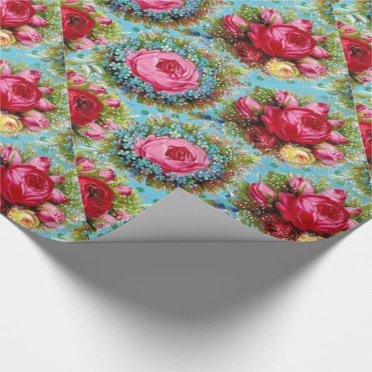 SCHÖNE ROTE PINK-GELBROSE IN BLAU GESCHENKPAPIER (Ecke)