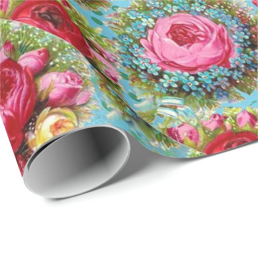 SCHÖNE ROTE PINK-GELBROSE IN BLAU GESCHENKPAPIER (Rolleneckpunkt)