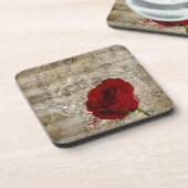 Schöne rote Rose Musiknoten wirbeln verblasstes Kl Getränkeuntersetzer (Linke Seite)