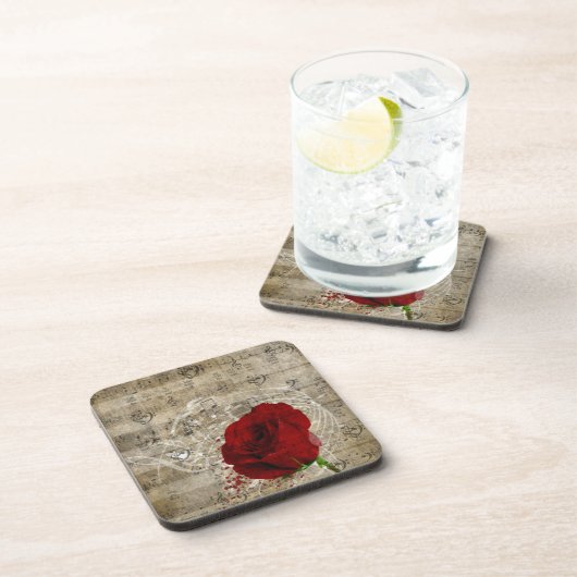 Schöne rote Rose Musiknoten wirbeln verblasstes Kl Getränkeuntersetzer (Rechte Seite)