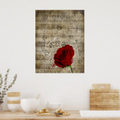 Schöne rote Rose Musiknoten wirbeln verblasstes Kl Poster (Küche)