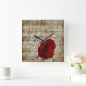 Schöne rote Rose Musiknoten wirbeln verblasstes Kl Quadratische Wanduhr (Zuhause)