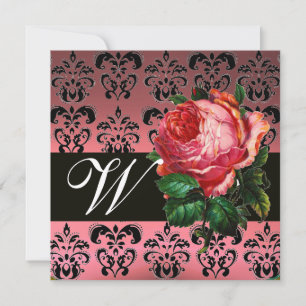 SCHÖNE ROTE ROSE  SCHWARZ WEISS  DAMAST MONOGRAMM EINLADUNG