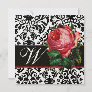 SCHÖNE ROTE ROSE  SCHWARZ WEISS  DAMAST MONOGRAMM EINLADUNG