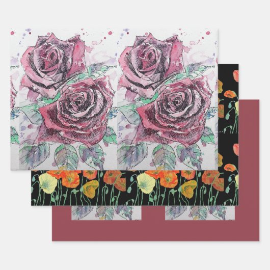 Schöne Rote Rose und Aquarellmalerei Geschenkpapier Set (Set)