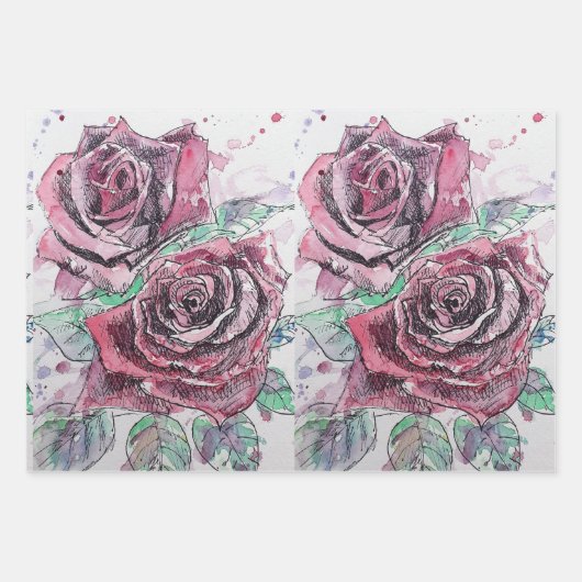 Schöne Rote Rose und Aquarellmalerei Geschenkpapier Set (Vorderseite 3)