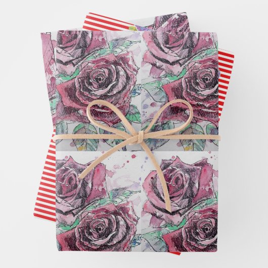 Schöne Rote Rose und Aquarellmalerei Geschenkpapier Set