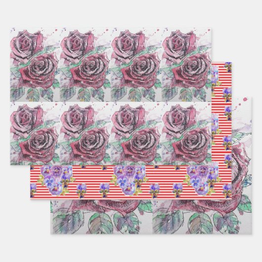 Schöne Rote Rose und Aquarellmalerei Geschenkpapier Set (Set)