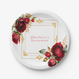 Schöne rote Rosen Gold-Filigran Quinceañera Pappteller