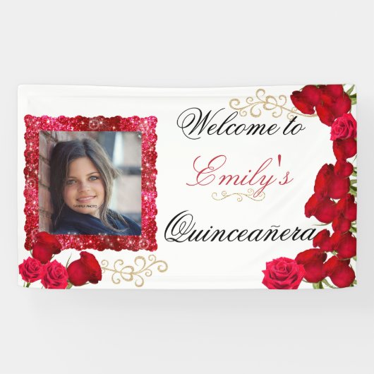 Schöne, Rote Rosen, Gold Glitzer Sparkone Foto Banner (Horizontal)