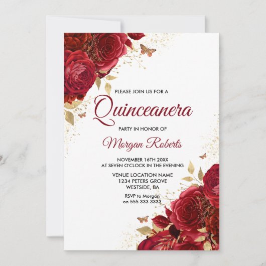 Schöne Rote Rosen Schmetterlinge Quinceanera Party Einladung (Vorderseite)