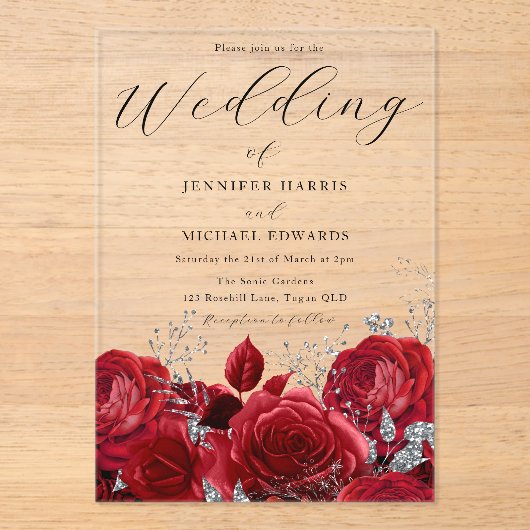 Schöne Rote Rosen & Silberhochzeit Acryleinladungen (Vorderseite)