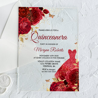 Schöne Rote Rosen Sparkenkleid Quinceanera Acryleinladungen