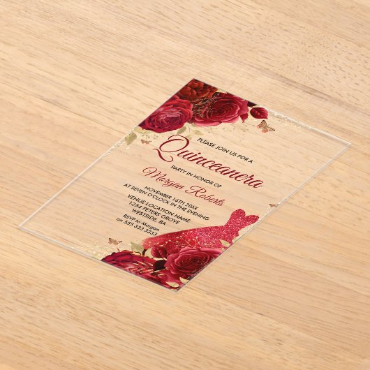 Schöne Rote Rosen Sparkenkleid Quinceanera Acryleinladungen (Ablage )