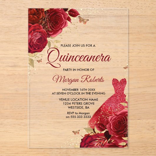 Schöne Rote Rosen Sparkenkleid Quinceanera Acryleinladungen (Vorderseite)